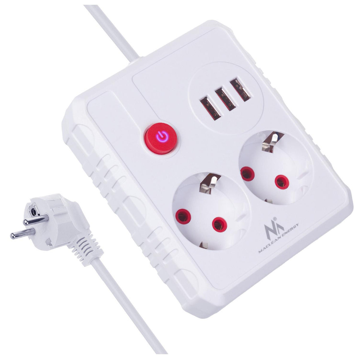 Listwa zasilająca Maclean MCE388 W, przedłużacz 2 gniazda + 3xUSB, 110-240V AC 50/60Hz, 2.1A max 2500W, 3 m, biała