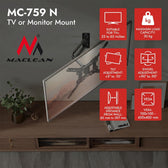 Uchwyt do telewizora lub monitora Maclean MC-759 N, uniwersalny, max vesa 400x400, 23-65", 30kg, czarny