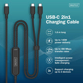 Kabel zasilający DIGITUS 2 w 1 USB-C - 2x USB-C, USB 2.0 140W PD 3.1, nylonowy, 1,8m czarny