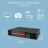 Switch niezarządzalny Qoltec przełącznik sieciowy Fast Ethernet PoE | 16x RJ45 10/100 Mb/s | 2x RJ45 Uplink 1000 Mb/s | 1x SFP 1000 Mb/s
