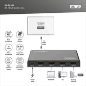 Przełącznik/Switch DIGITUS HDMI 3x1, 8K/60Hz (4:4:4) z HDR, 48 Gbps, HDCP 2.3