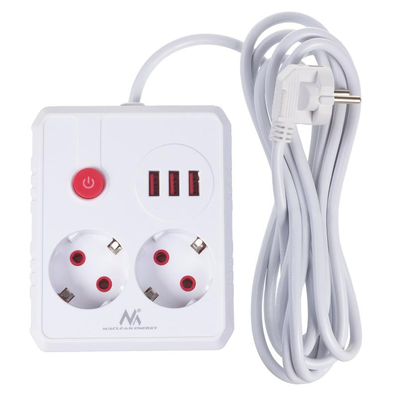 Listwa zasilająca Maclean MCE388 W, przedłużacz 2 gniazda + 3xUSB, 110-240V AC 50/60Hz, 2.1A max 2500W, 3 m, biała