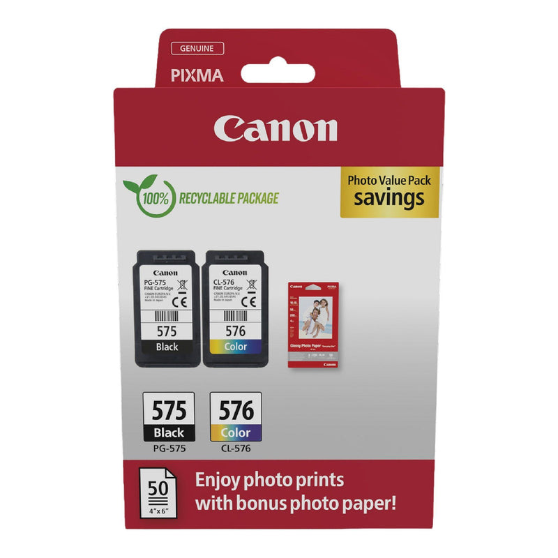 Zestaw tuszy Canon PG-575 Black 5,6 ml 100 str. /CL-576 Color 6,3 ml 100 str. + papier fotograficzny GP-501 Glossy (5438C004)